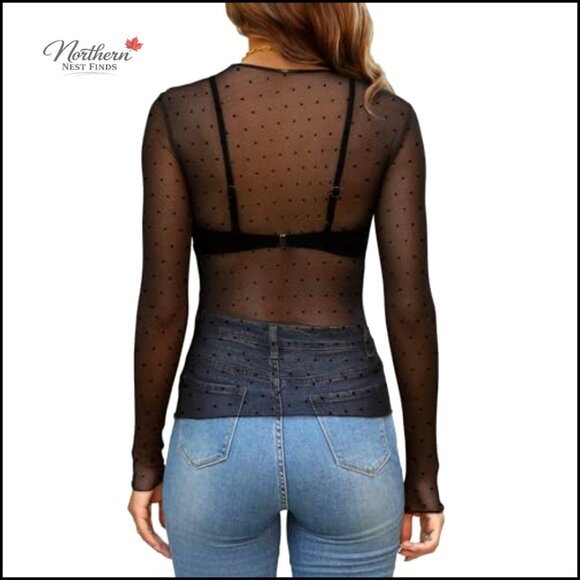 Mesh Sheer Long Sleeve Lace Top Mock Neck Layering Blouse - Picture 4 of 4